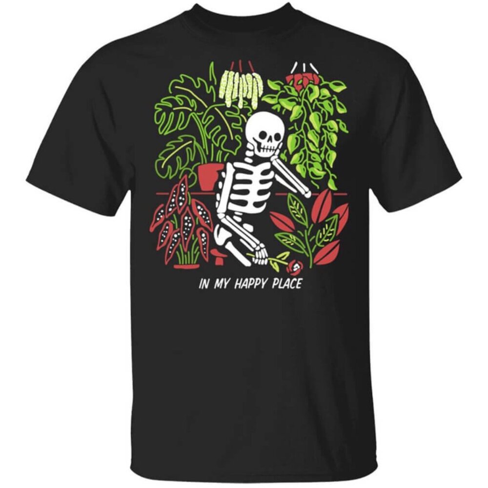 In My Happy Place Skeleton Gardener Plants Black T Shirt S Green Witch Top